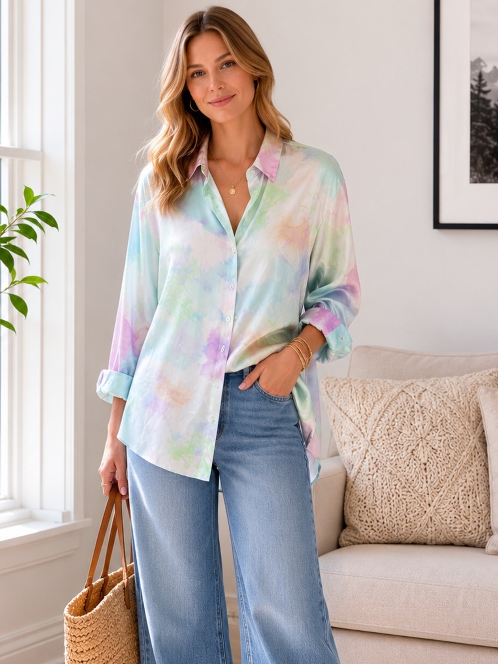 Zara Oversized Pastel Watercolor Abstract Pattern Satin Button Down shirt XS